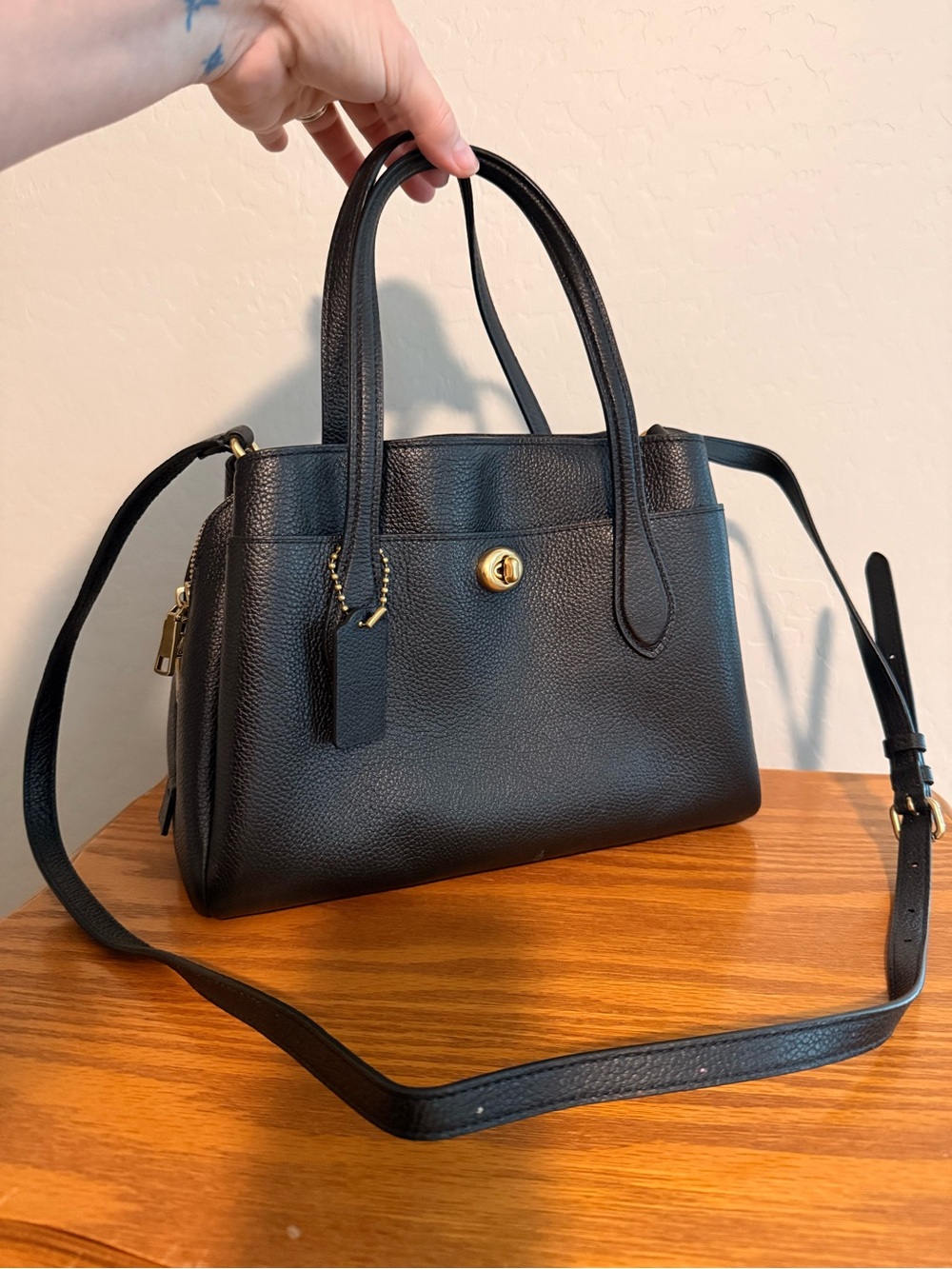 Black Leather Top-Handle Satchel with Gold Hardware